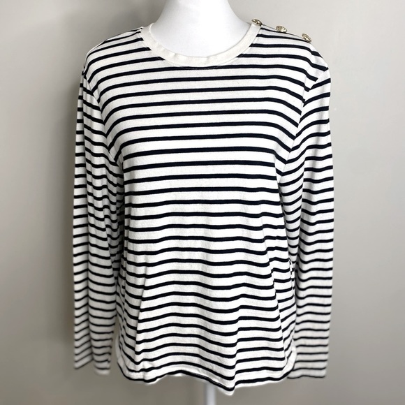 H&M Striped Black and White Classic Basic Long Sleeve Top w Gold Buttons Size L - Picture 1 of 8